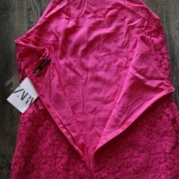 NWT Zara Pink Midi Dress Size Large Length Fuchsia Lace Halter Open Back - Picture 7 of 12